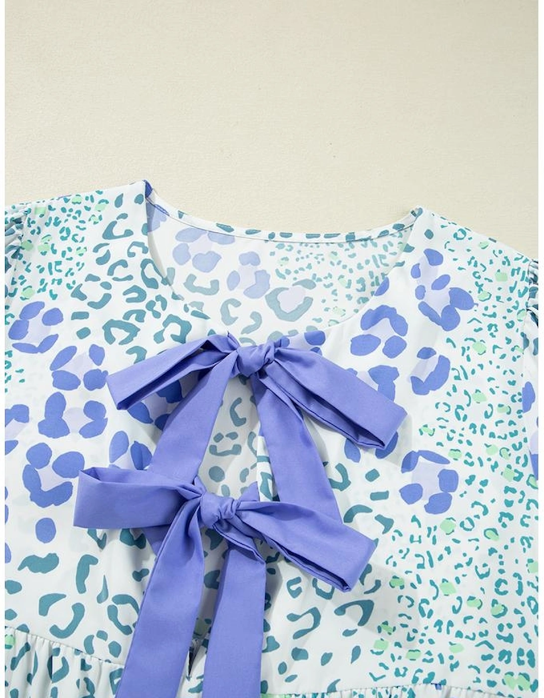 Sky Blue Leopard Contrast Bow Puff Sleeve Mini Dress