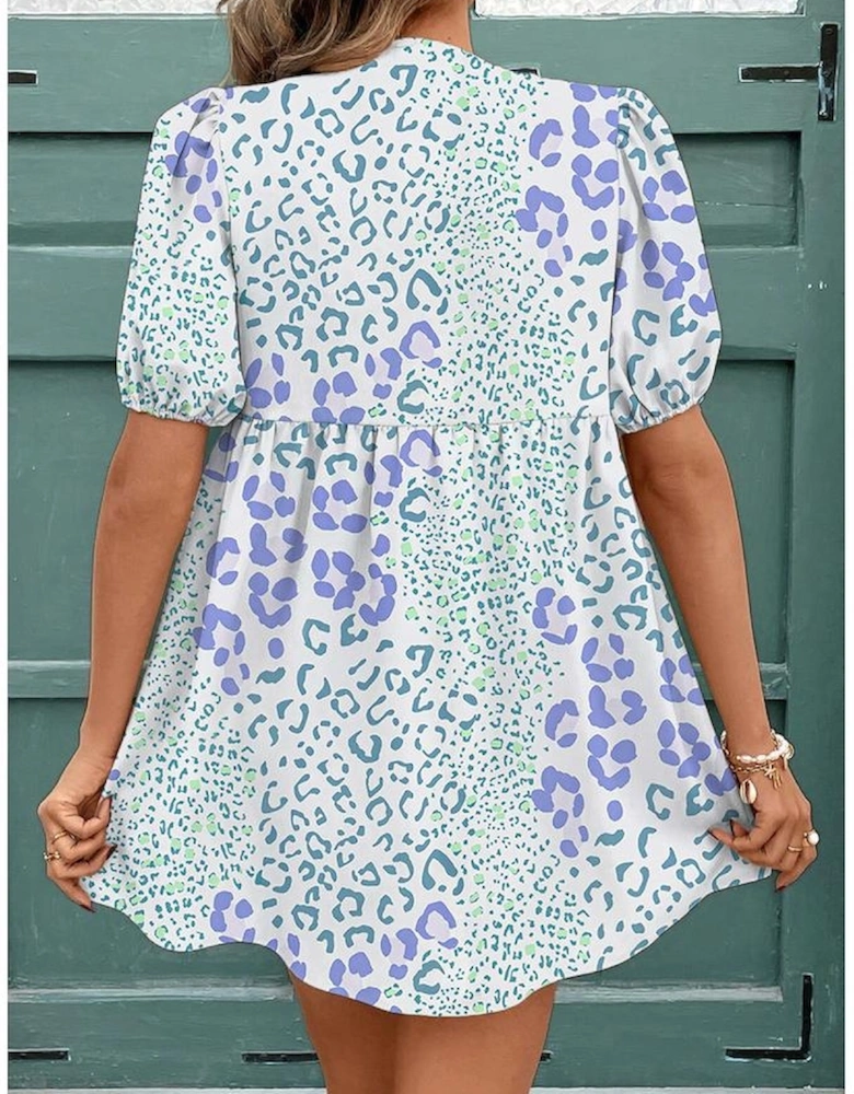 Sky Blue Leopard Contrast Bow Puff Sleeve Mini Dress