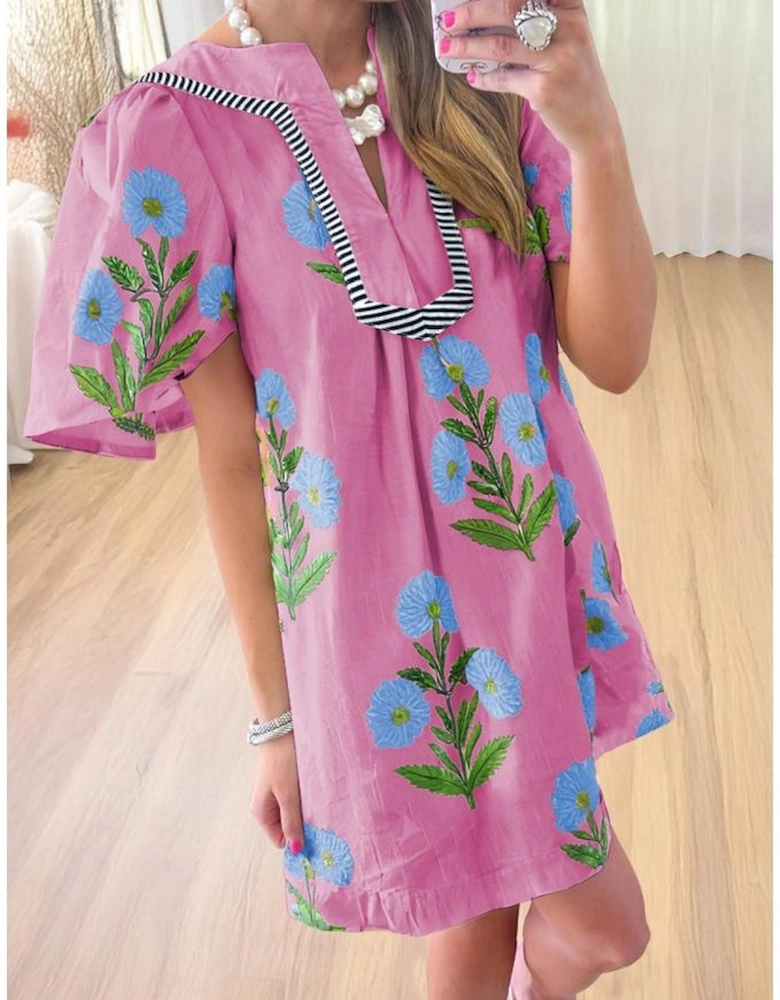 Rose Floral Short Sleeve Split Neck Loose Mini Dress