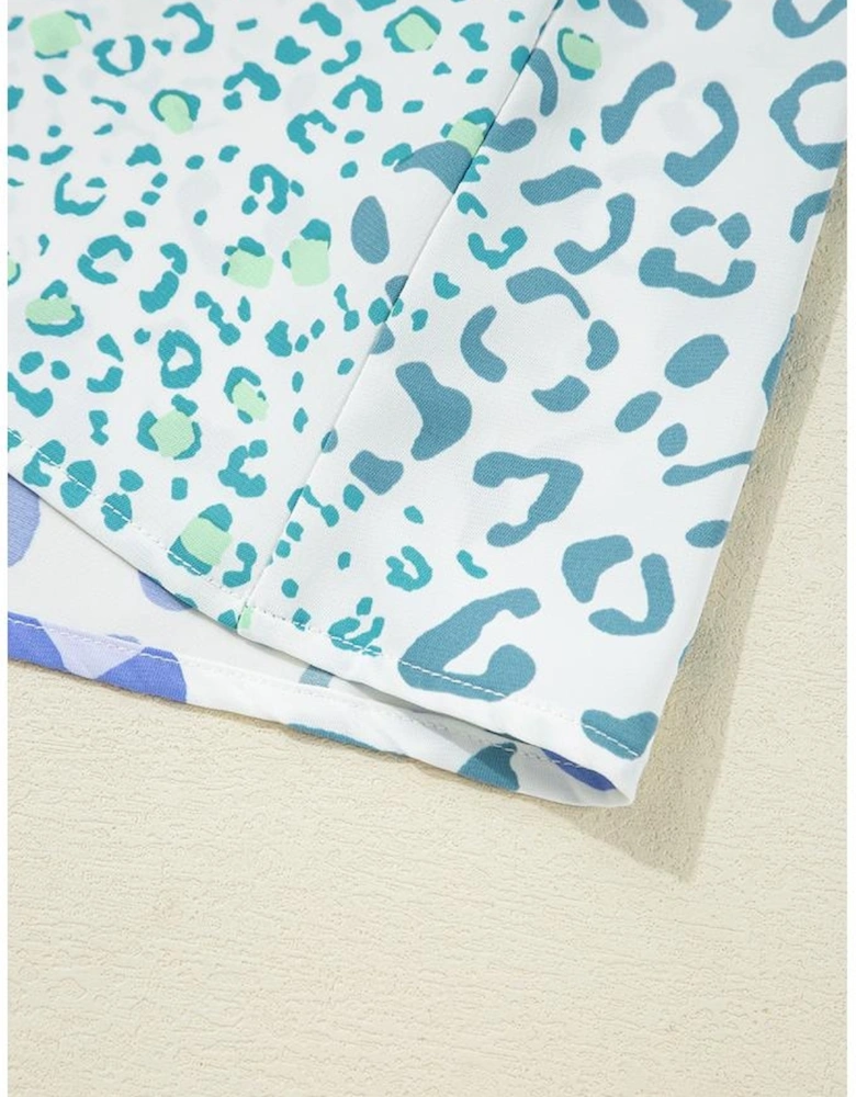 Sky Blue Leopard Contrast Bow Puff Sleeve Mini Dress