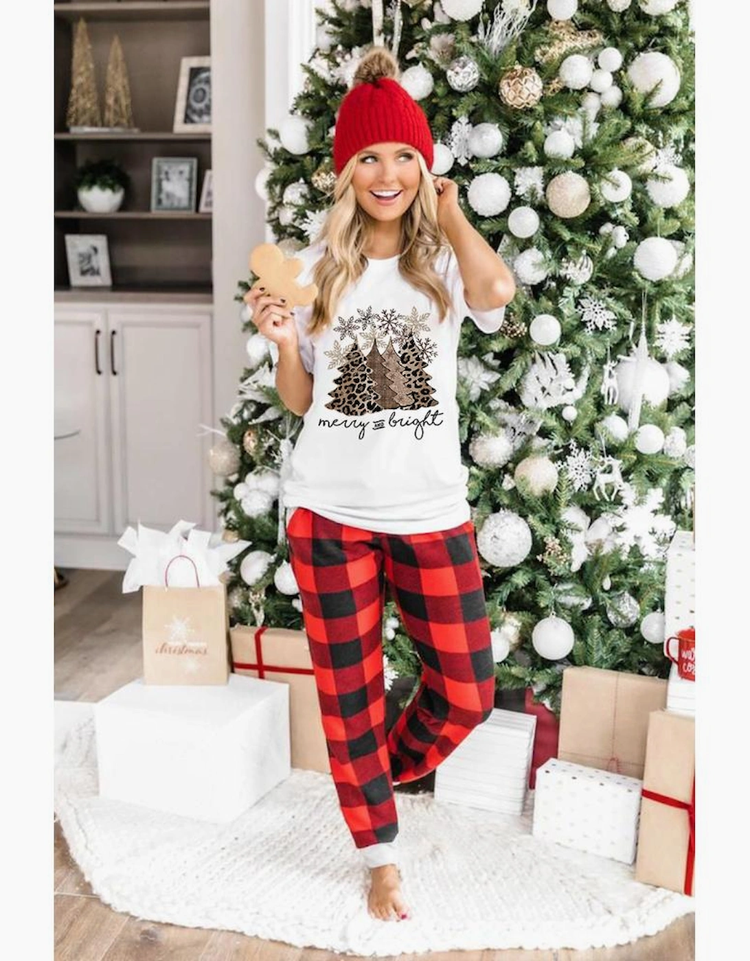 White Leopard Christmas Tree Graphic Crew Neck T Shirt