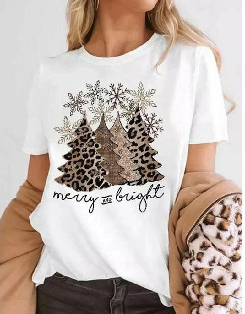 White Leopard Christmas Tree Graphic Crew Neck T Shirt