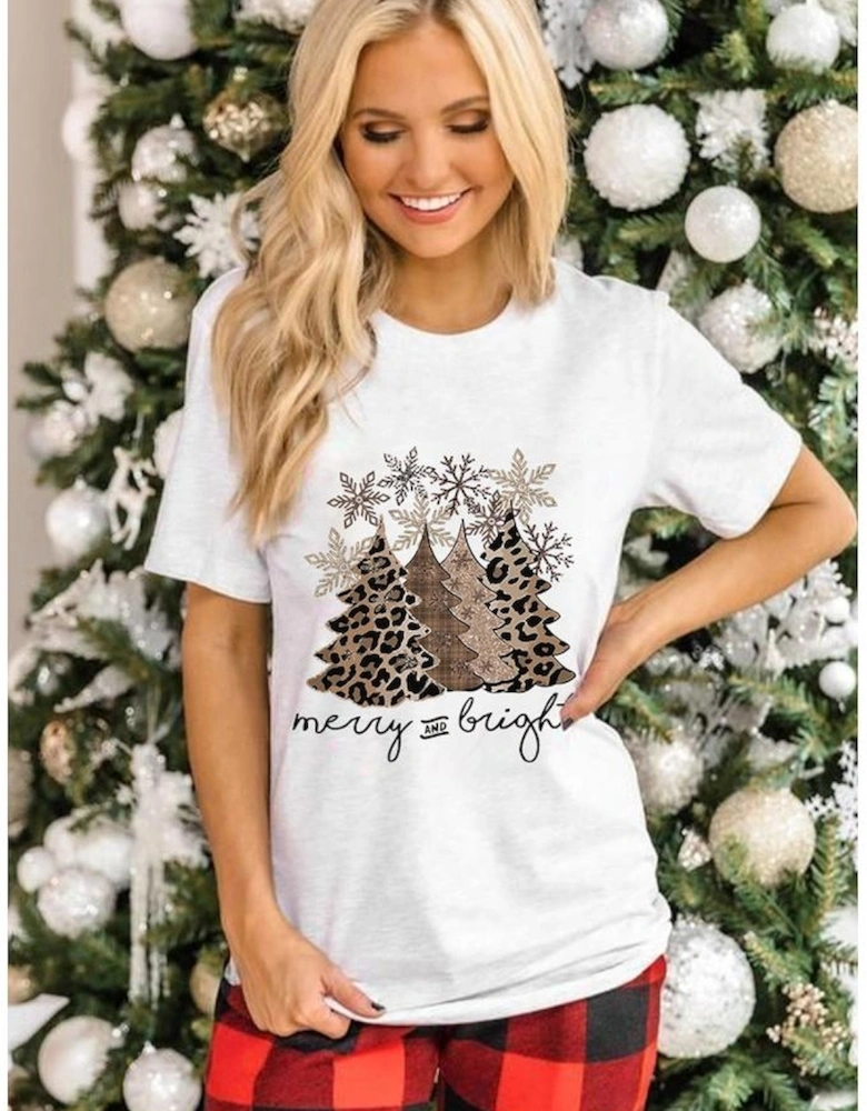 White Leopard Christmas Tree Graphic Crew Neck T Shirt