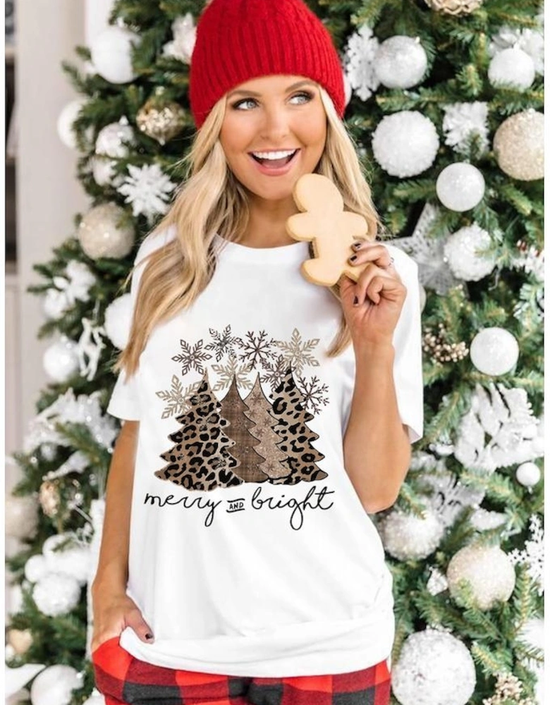 White Leopard Christmas Tree Graphic Crew Neck T Shirt