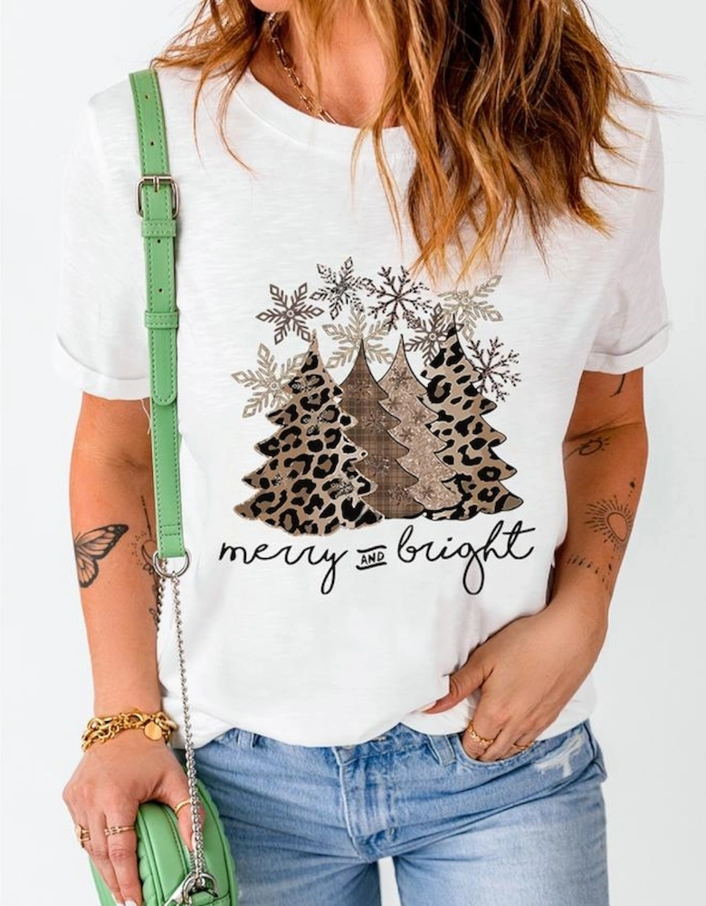 White Leopard Christmas Tree Graphic Crew Neck T Shirt