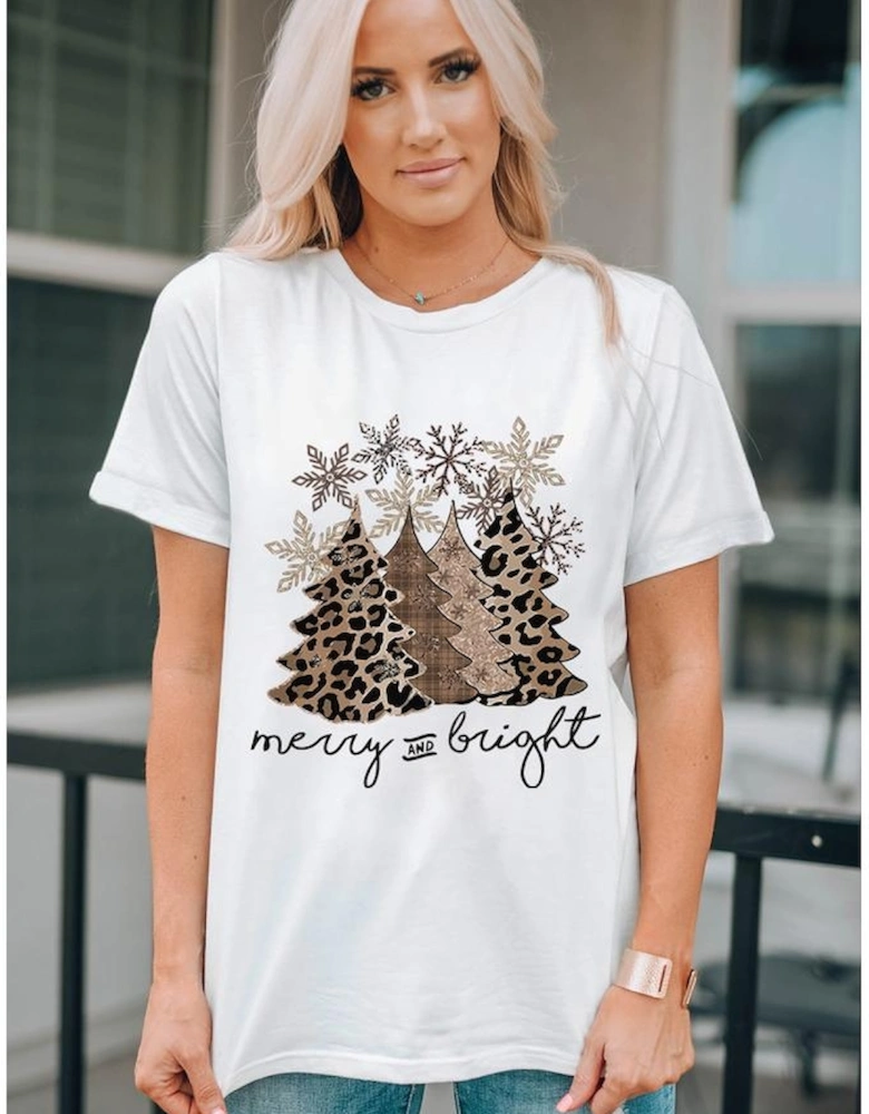White Leopard Christmas Tree Graphic Crew Neck T Shirt