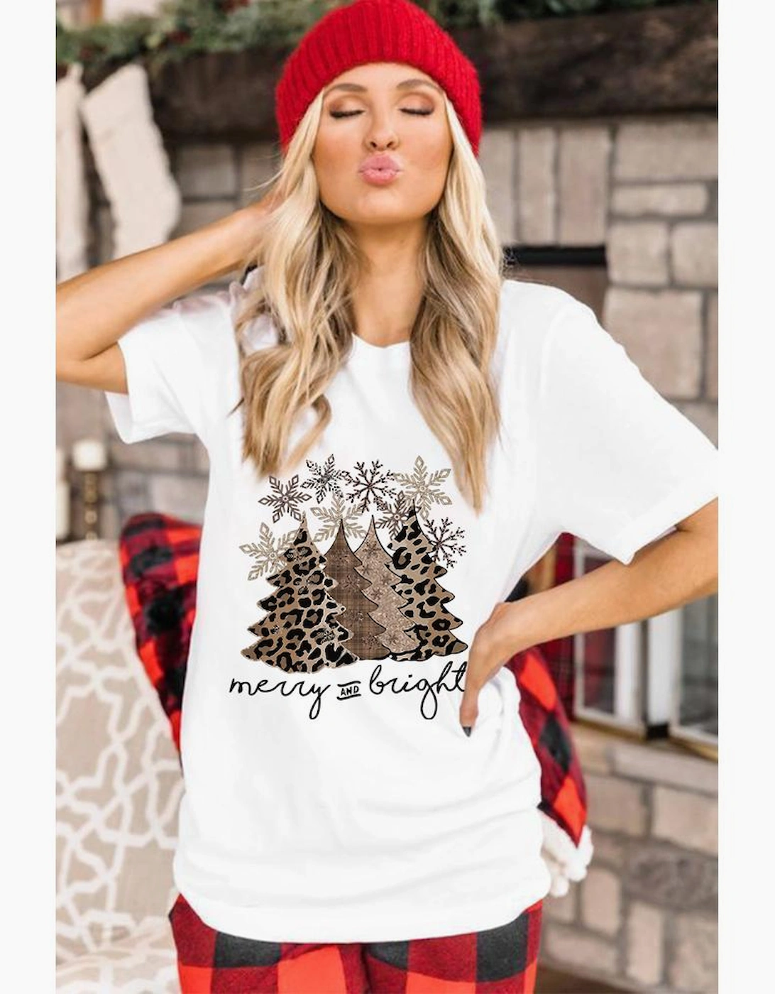 White Leopard Christmas Tree Graphic Crew Neck T Shirt