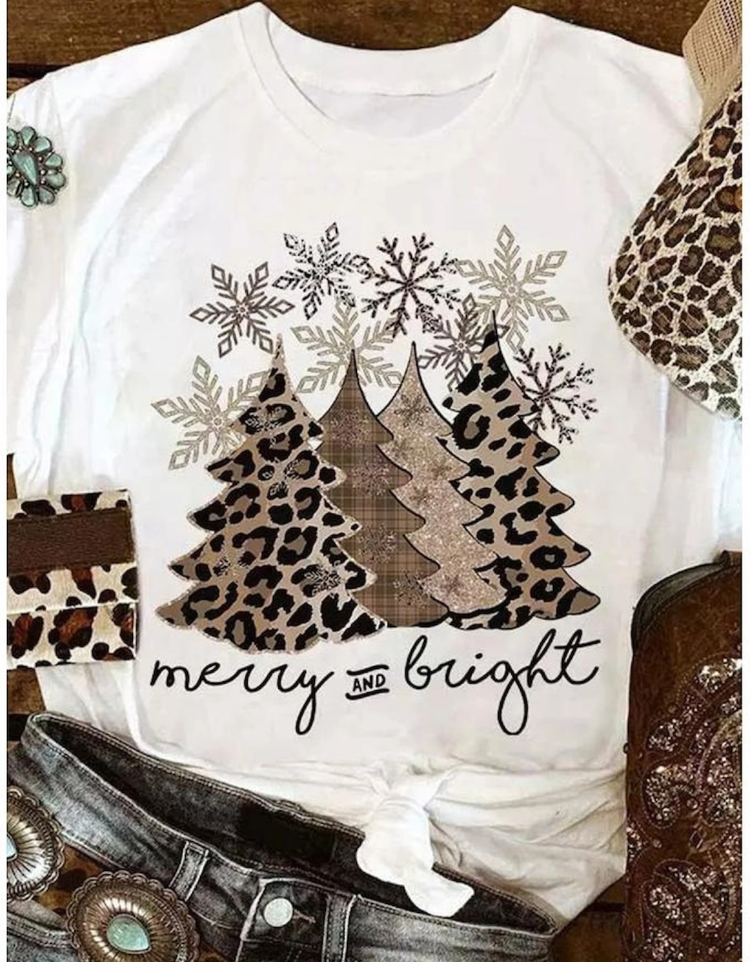 White Leopard Christmas Tree Graphic Crew Neck T Shirt