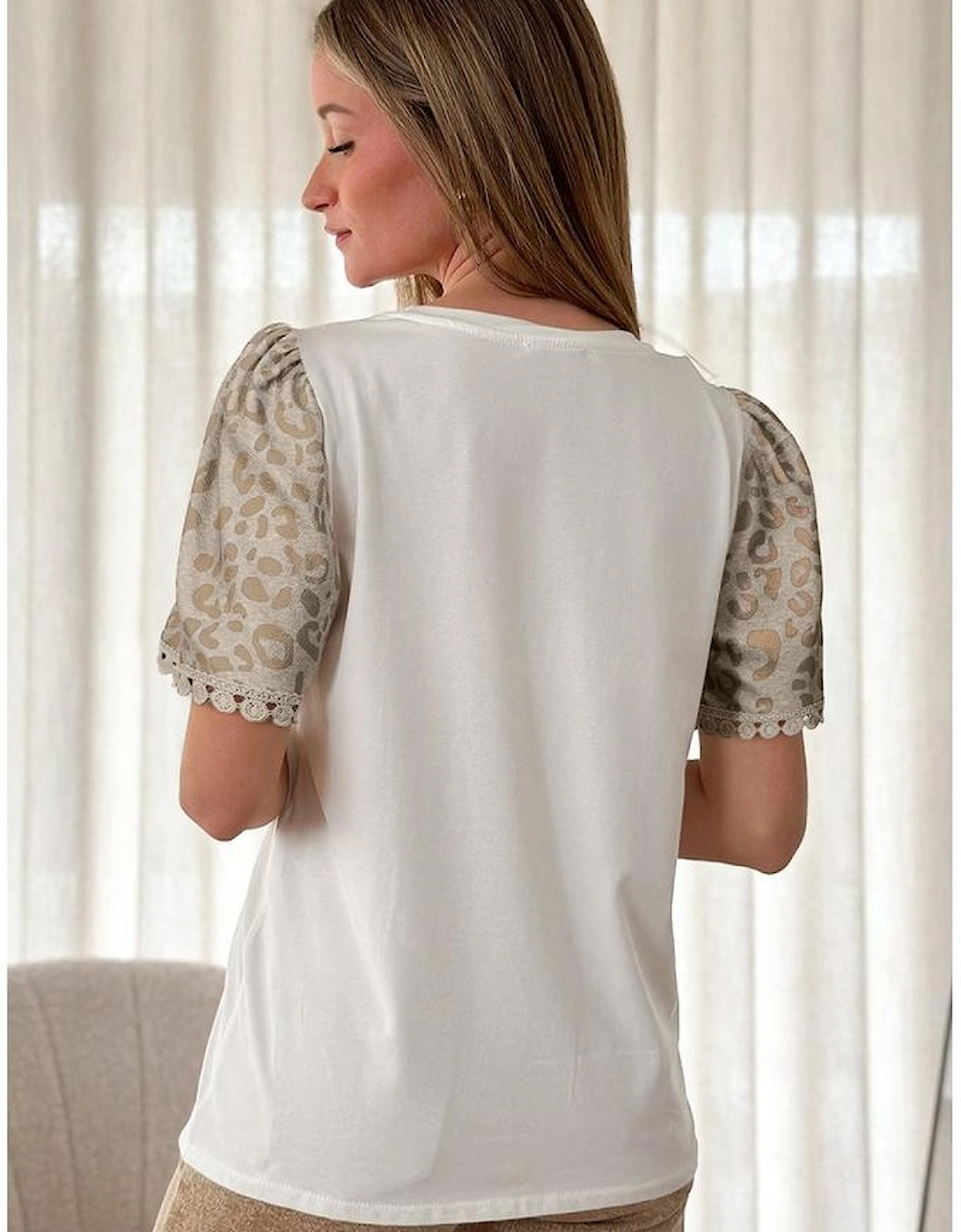 White Leopard Patchwork Crochet Lace Trim Puff Sleeve T Shirt, 14 of 13