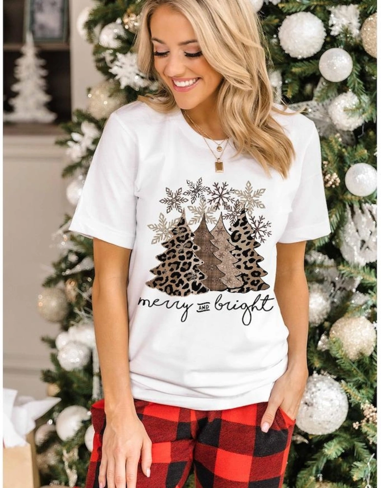 White Leopard Christmas Tree Graphic Crew Neck T Shirt