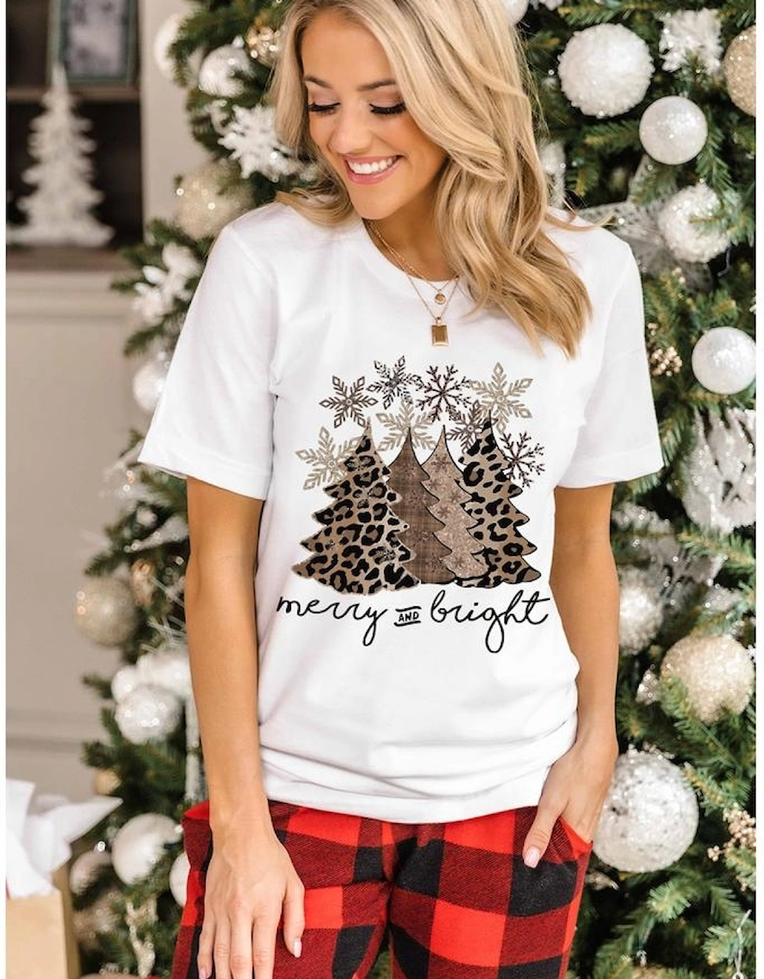 White Leopard Christmas Tree Graphic Crew Neck T Shirt