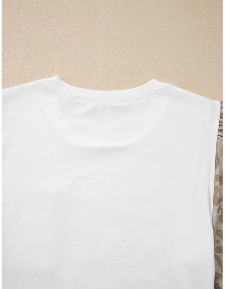 White Leopard Patchwork Crochet Lace Trim Puff Sleeve T Shirt