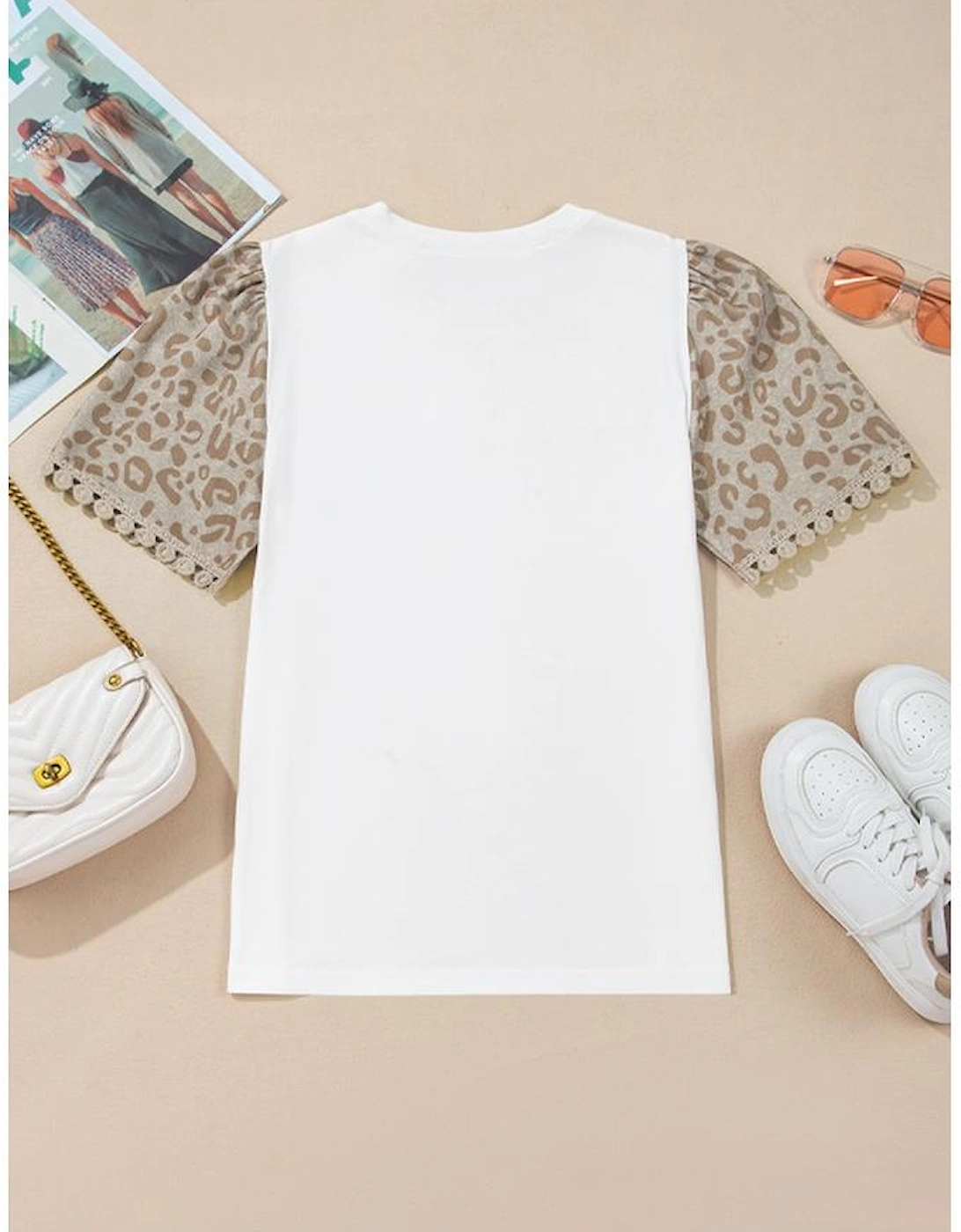 White Leopard Patchwork Crochet Lace Trim Puff Sleeve T Shirt