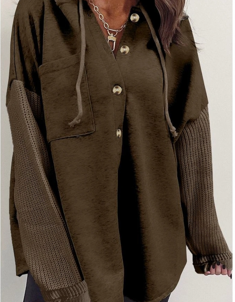 Dark Brown Button Up Contrast Knitted Sleeves Hooded Jacket