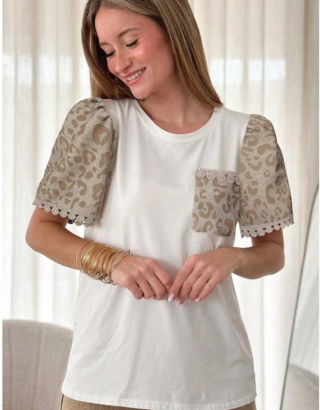 White Leopard Patchwork Crochet Lace Trim Puff Sleeve T Shirt