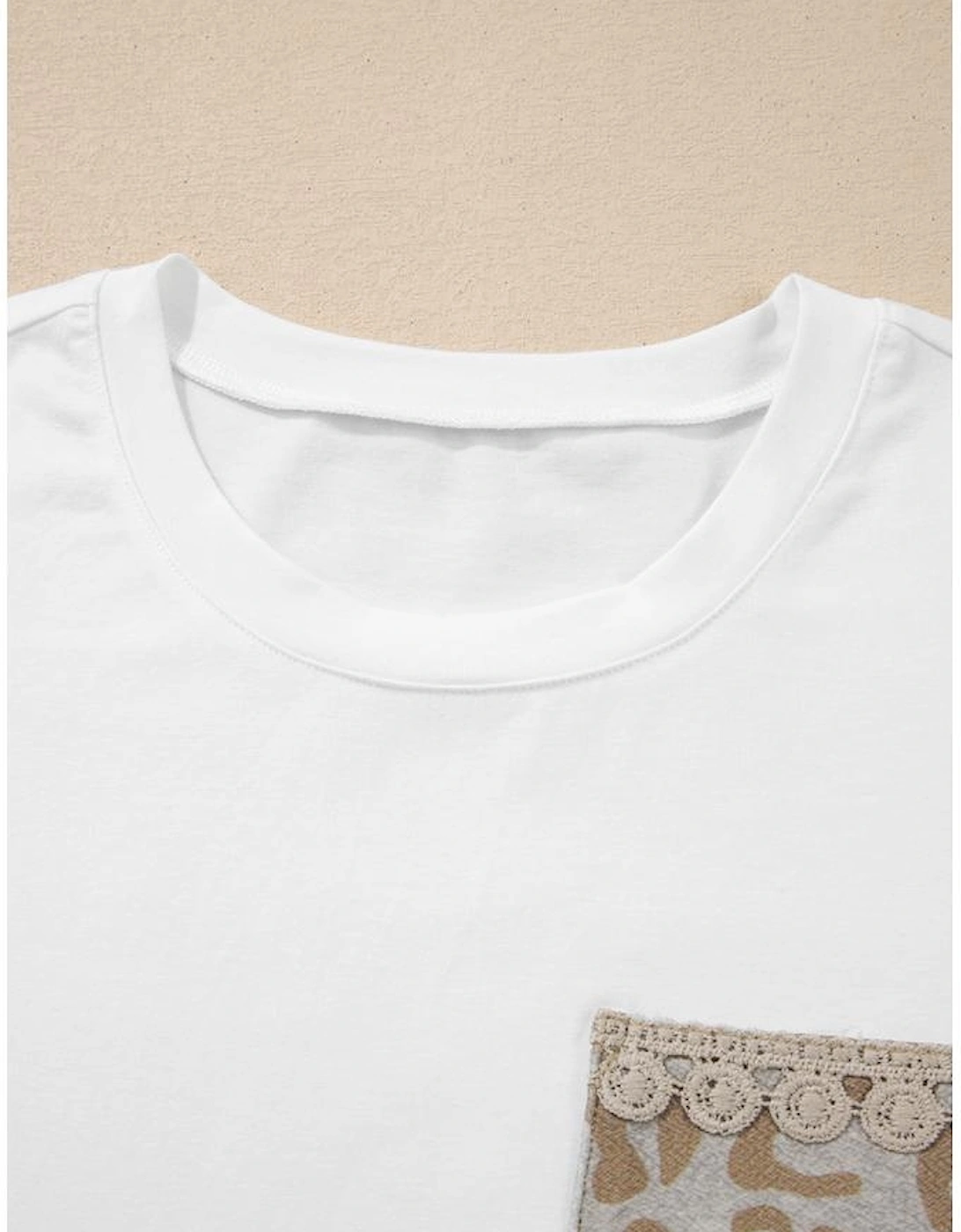 White Leopard Patchwork Crochet Lace Trim Puff Sleeve T Shirt