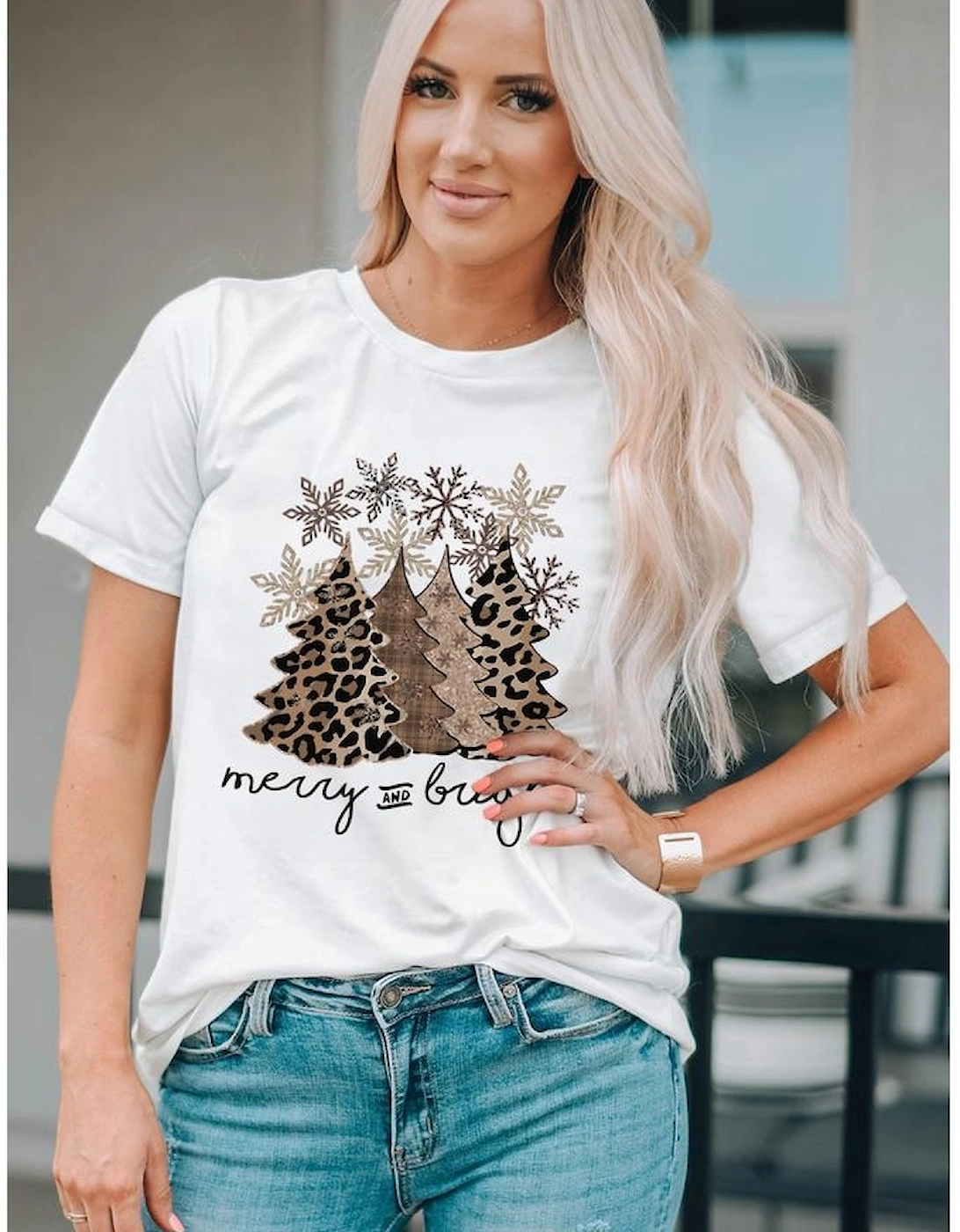 White Leopard Christmas Tree Graphic Crew Neck T Shirt