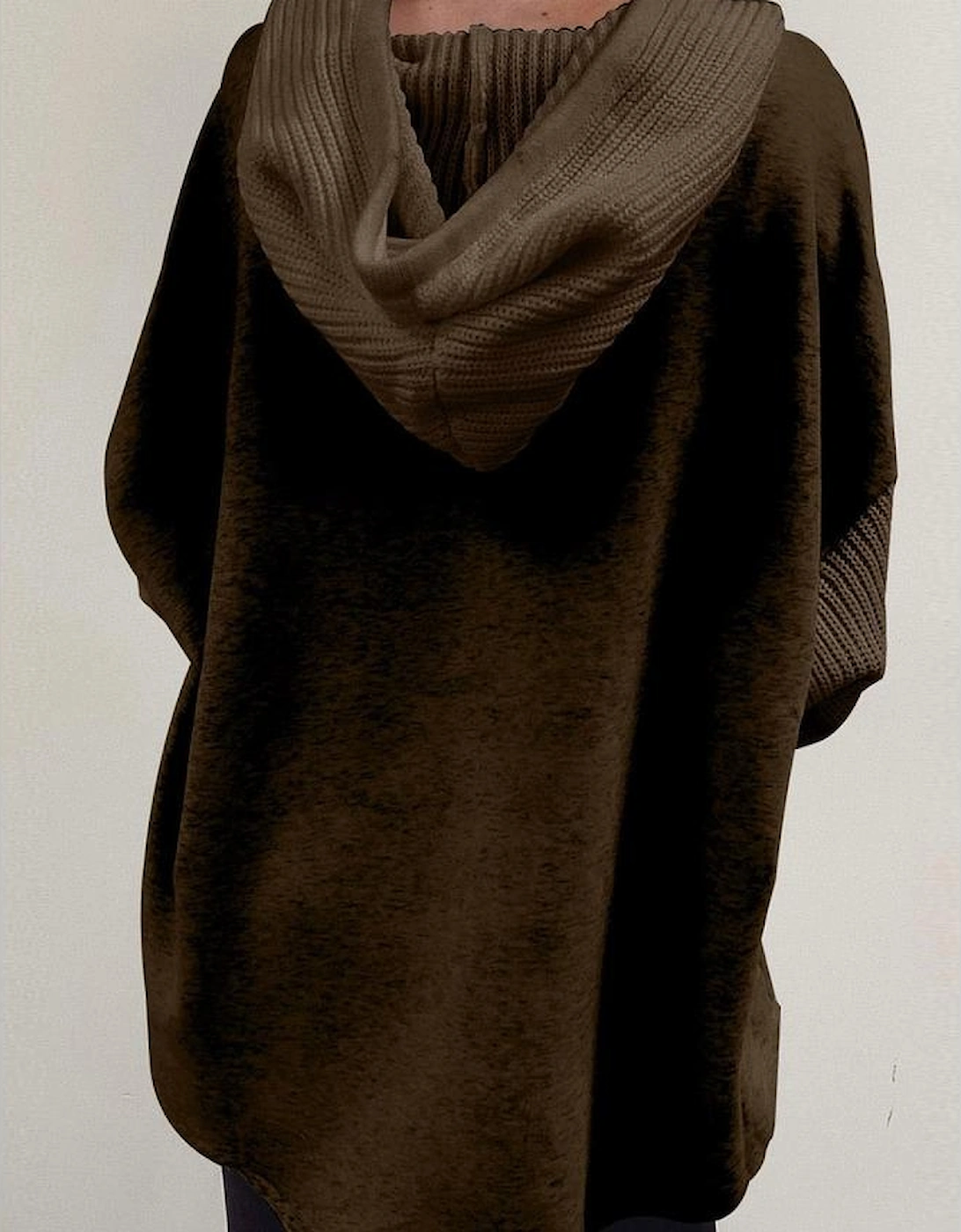 Dark Brown Button Up Contrast Knitted Sleeves Hooded Jacket