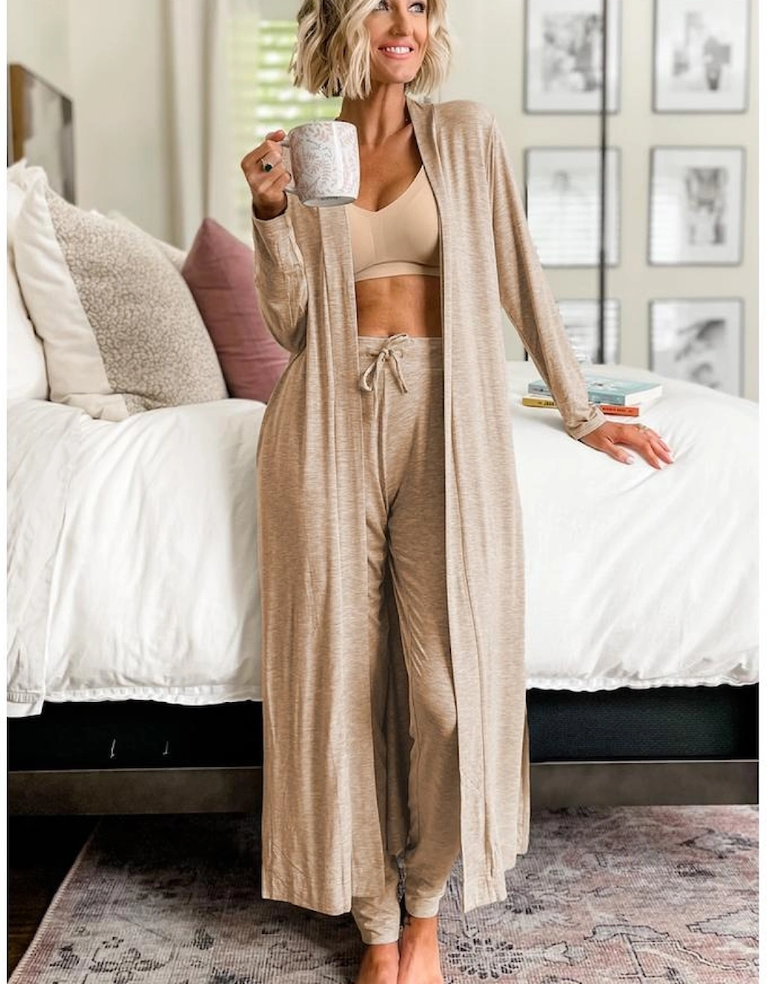 Parchment Split Long Cardigan and Skinny Pants Lounge Set