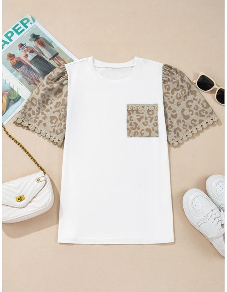 White Leopard Patchwork Crochet Lace Trim Puff Sleeve T Shirt