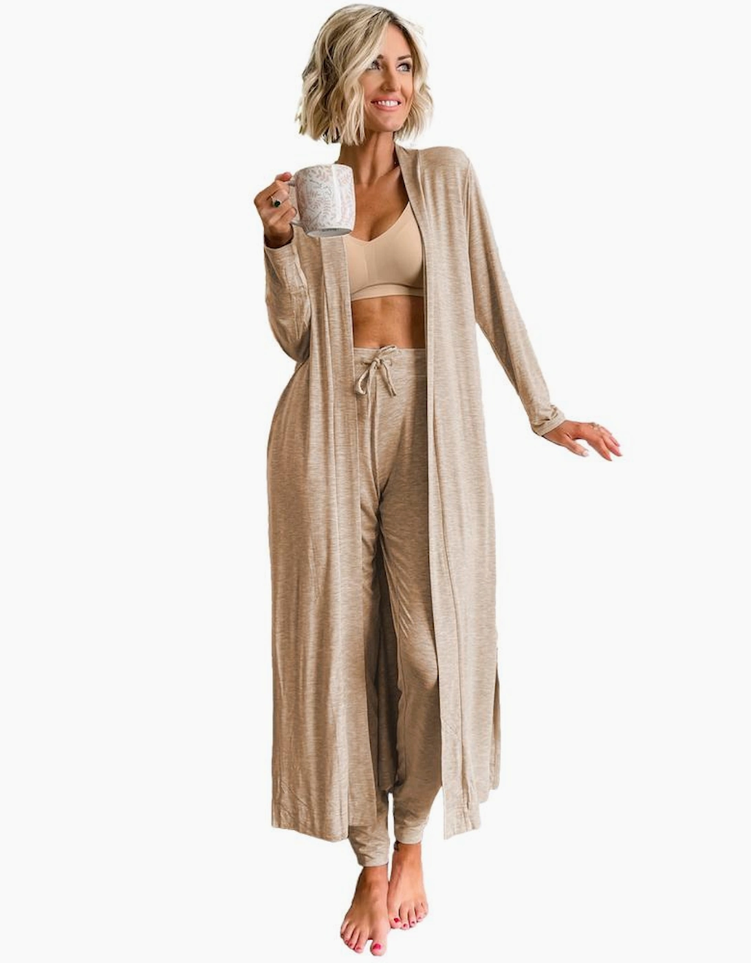 Parchment Split Long Cardigan and Skinny Pants Lounge Set
