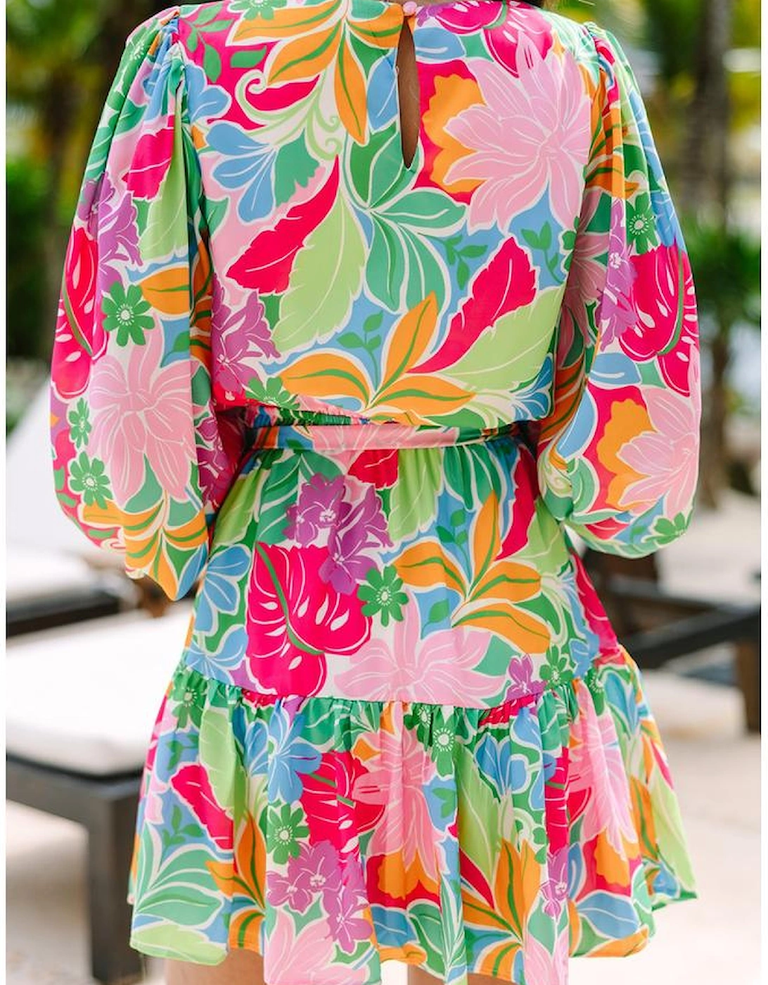 Green Multicolor Botanical Bubble Sleeve Mini Dress, 14 of 13