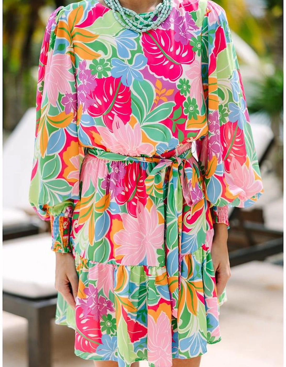 Green Multicolor Botanical Bubble Sleeve Mini Dress