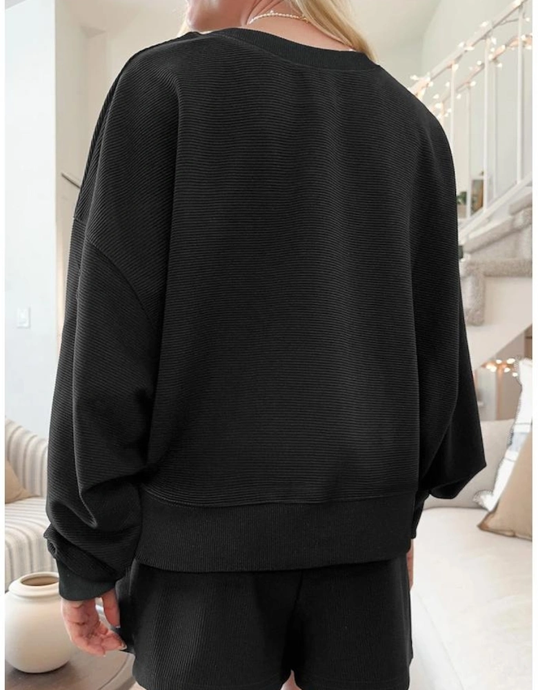 Black Ribbed Texture Baggy Drop Shoulder Pullover and Shorts Set
