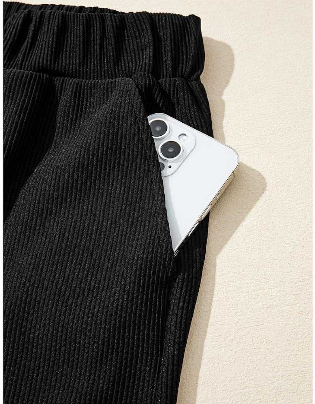 Black Ribbed Texture Baggy Drop Shoulder Pullover and Shorts Set