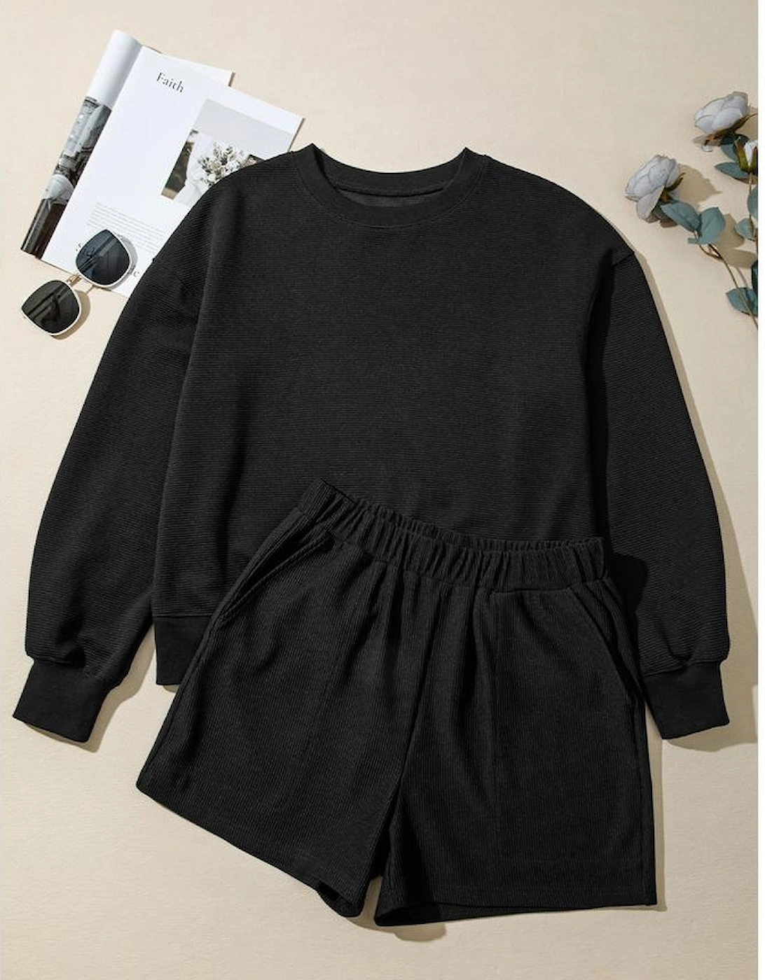 Black Ribbed Texture Baggy Drop Shoulder Pullover and Shorts Set