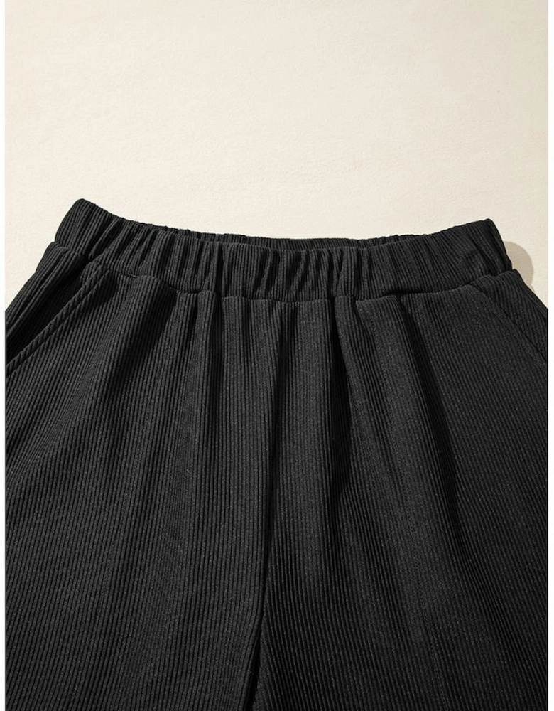 Black Ribbed Texture Baggy Drop Shoulder Pullover and Shorts Set