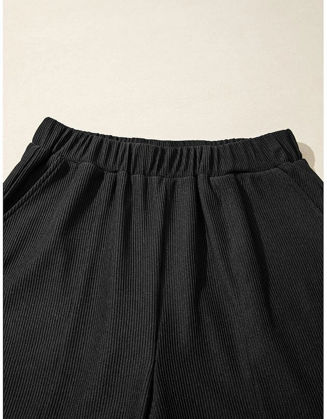 Black Ribbed Texture Baggy Drop Shoulder Pullover and Shorts Set