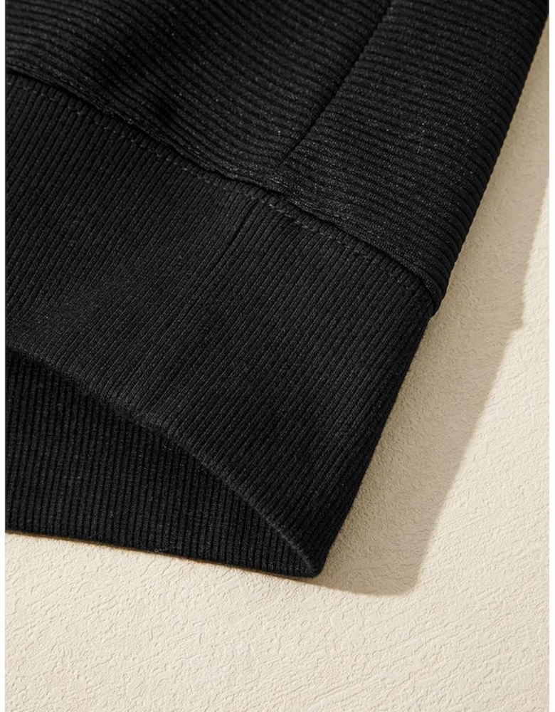 Black Ribbed Texture Baggy Drop Shoulder Pullover and Shorts Set