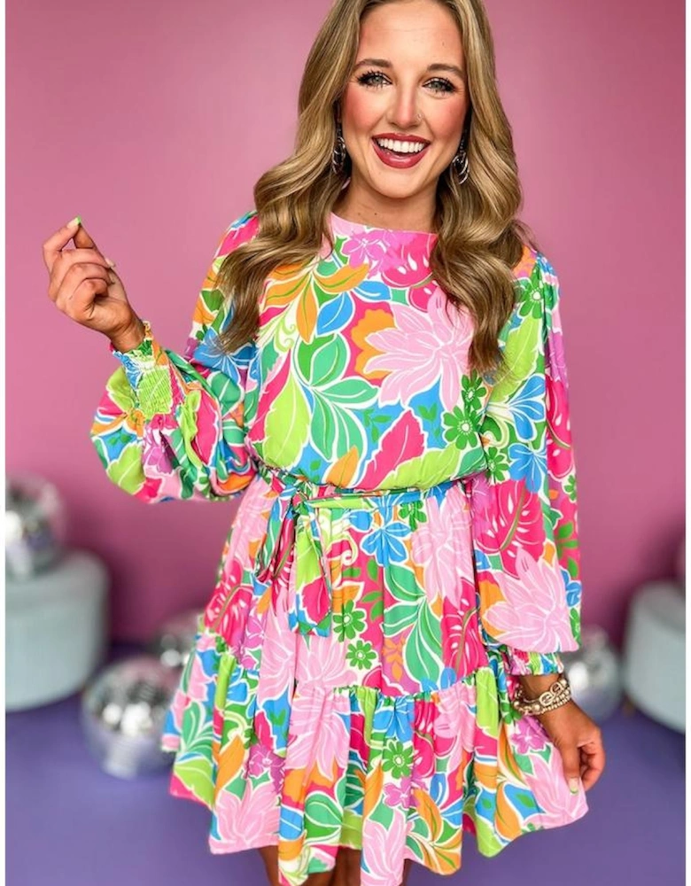Green Multicolor Botanical Bubble Sleeve Mini Dress