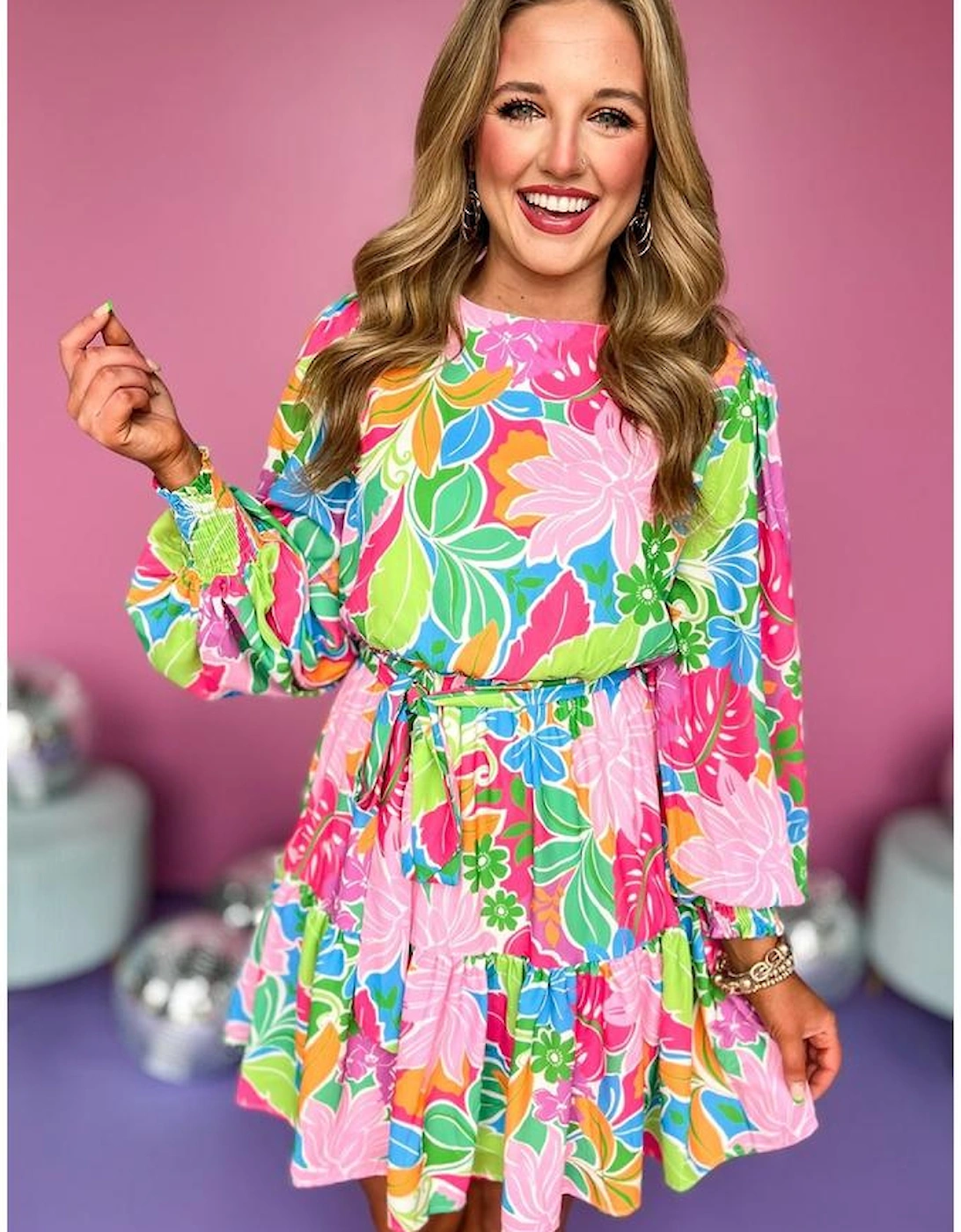 Green Multicolor Botanical Bubble Sleeve Mini Dress