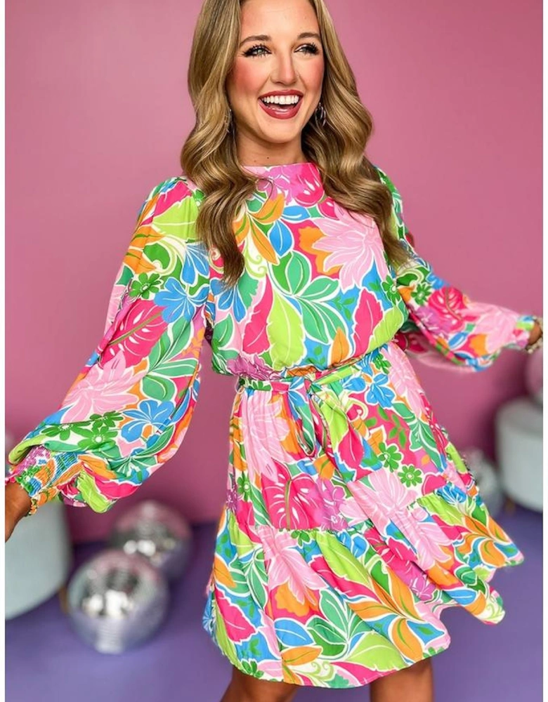 Green Multicolor Botanical Bubble Sleeve Mini Dress