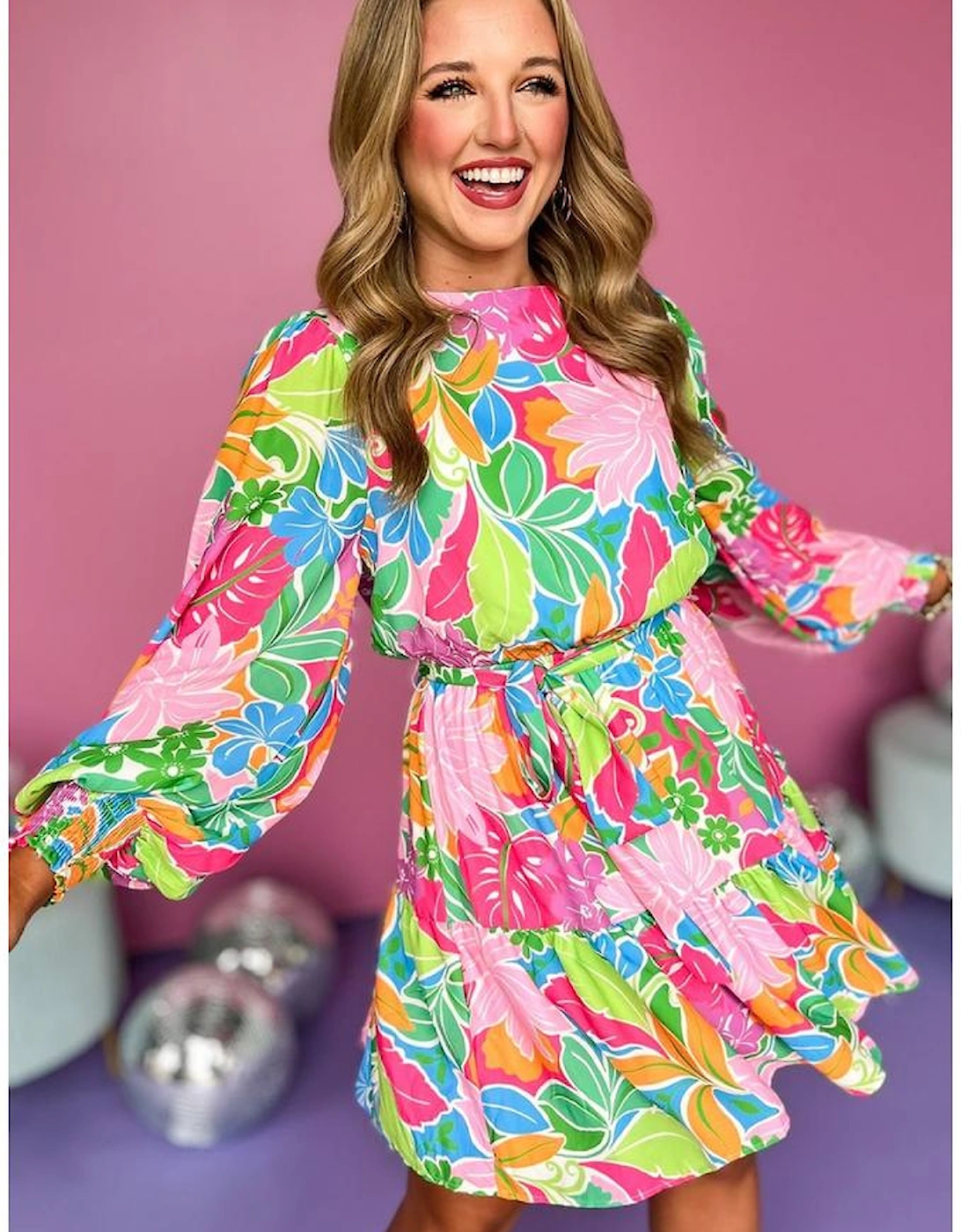 Green Multicolor Botanical Bubble Sleeve Mini Dress