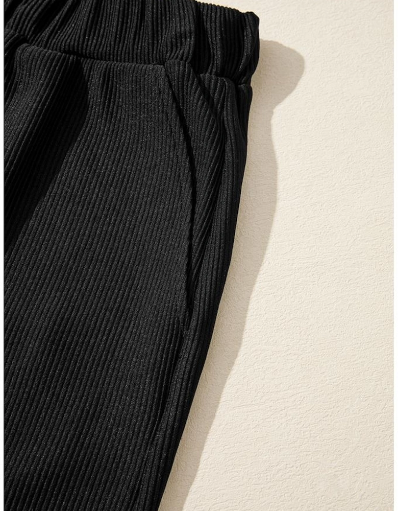 Black Ribbed Texture Baggy Drop Shoulder Pullover and Shorts Set