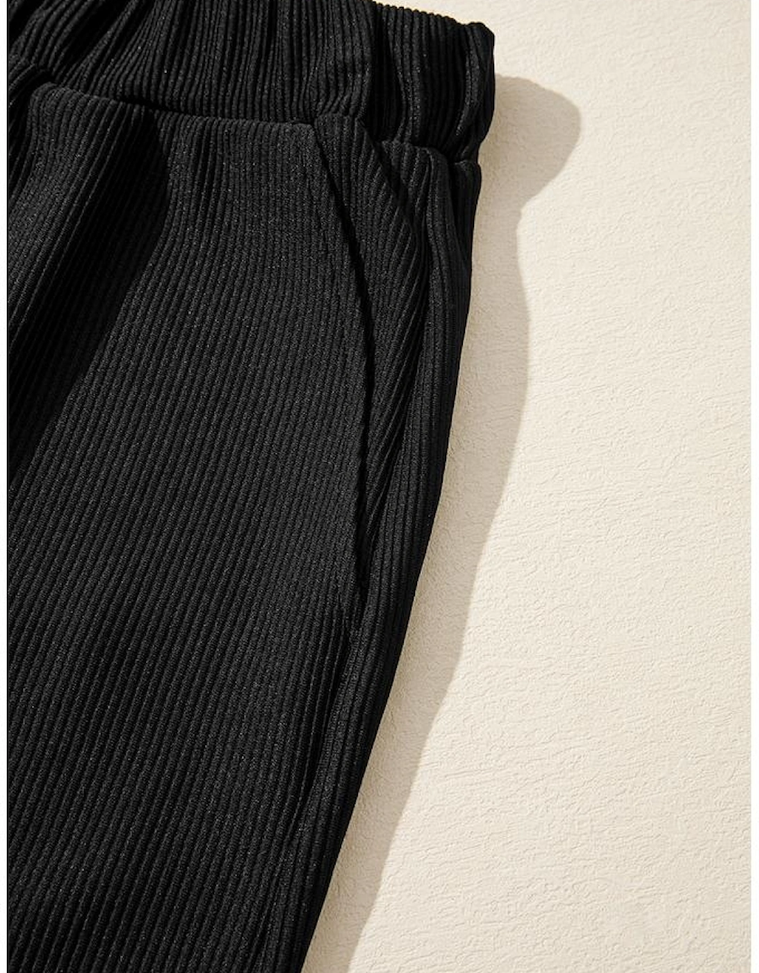 Black Ribbed Texture Baggy Drop Shoulder Pullover and Shorts Set