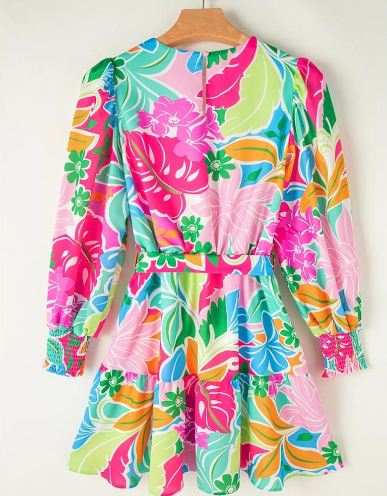Green Multicolor Botanical Bubble Sleeve Mini Dress