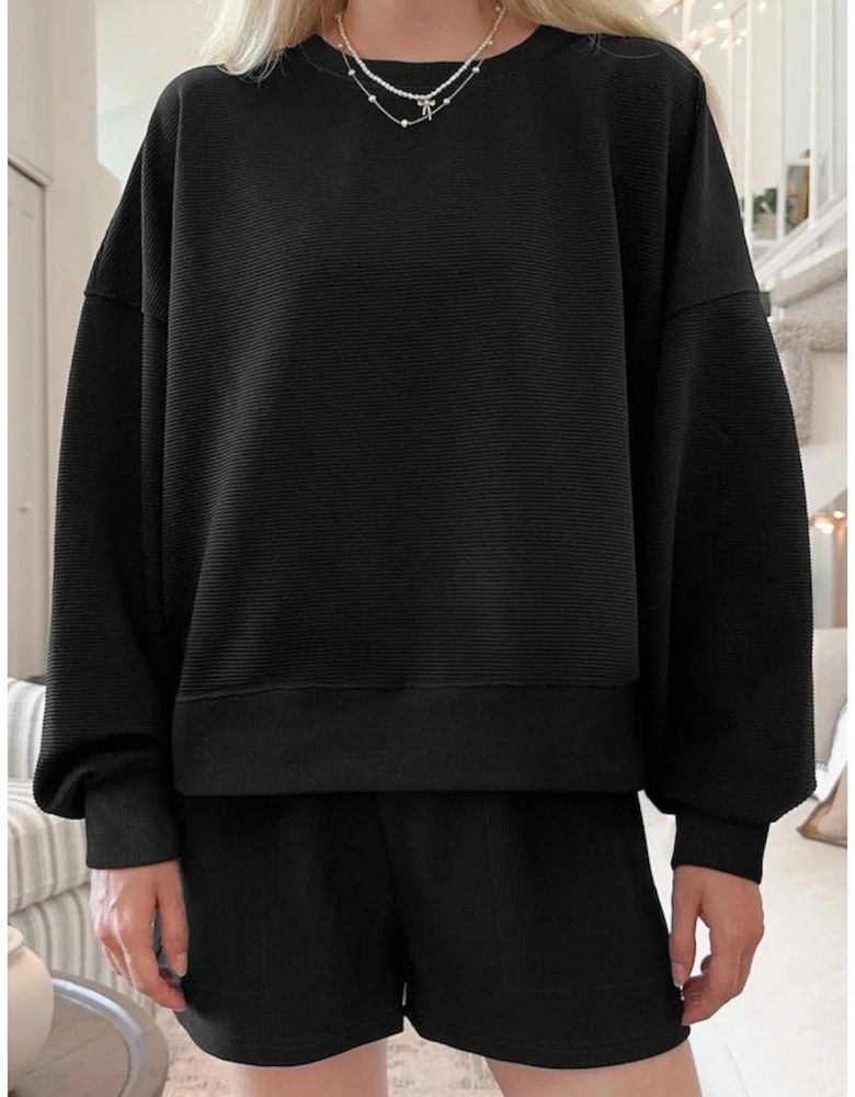 Black Ribbed Texture Baggy Drop Shoulder Pullover and Shorts Set