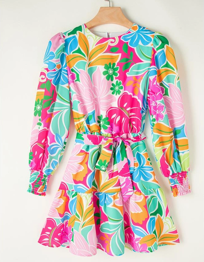 Green Multicolor Botanical Bubble Sleeve Mini Dress