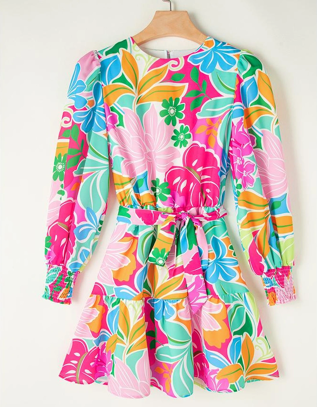 Green Multicolor Botanical Bubble Sleeve Mini Dress