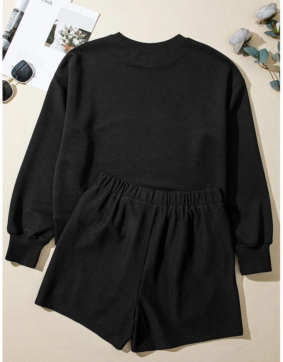 Black Ribbed Texture Baggy Drop Shoulder Pullover and Shorts Set