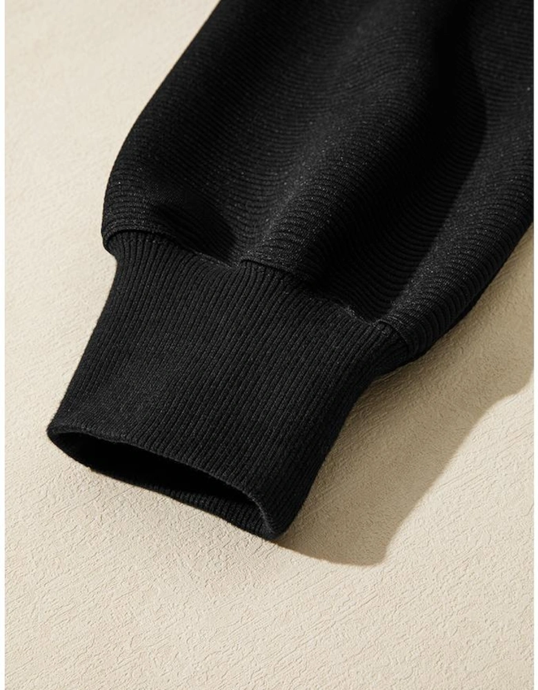 Black Ribbed Texture Baggy Drop Shoulder Pullover and Shorts Set