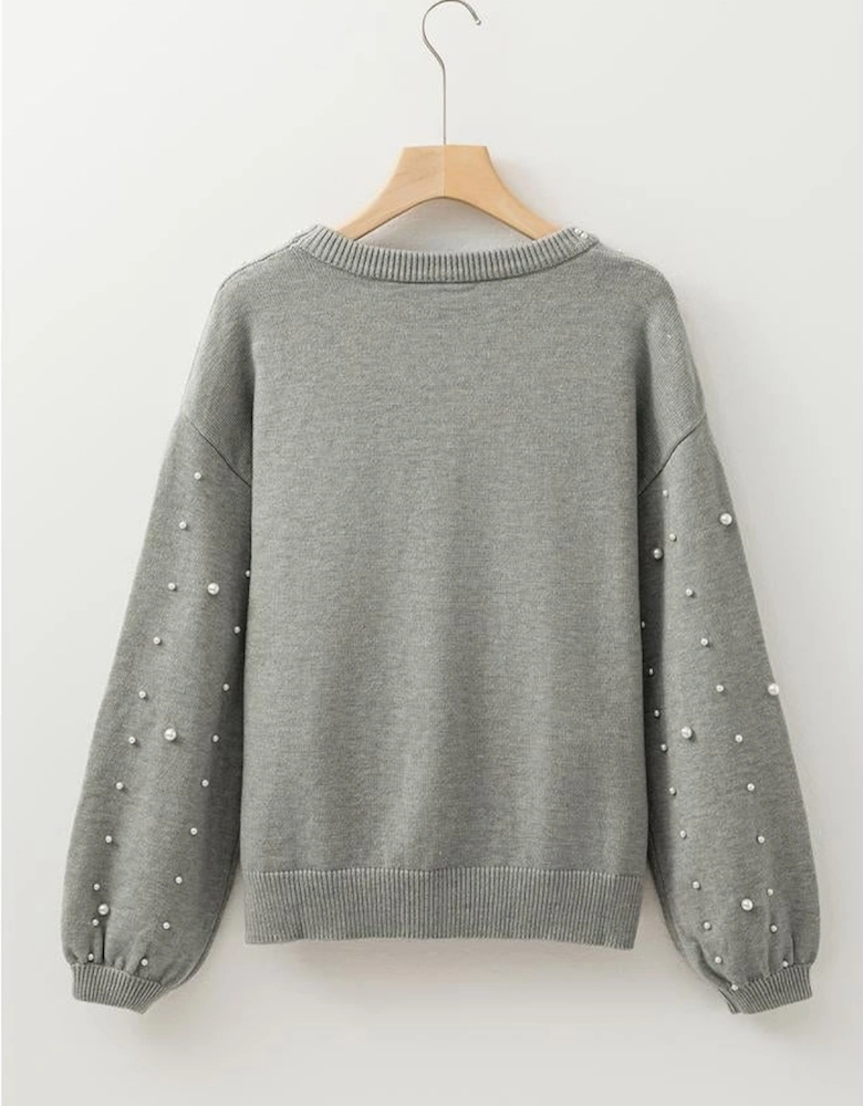 Light Grey Pearled Drop Shoulder Round Neck Sweater