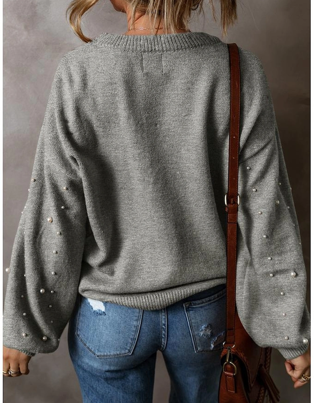 Light Grey Pearled Drop Shoulder Round Neck Sweater