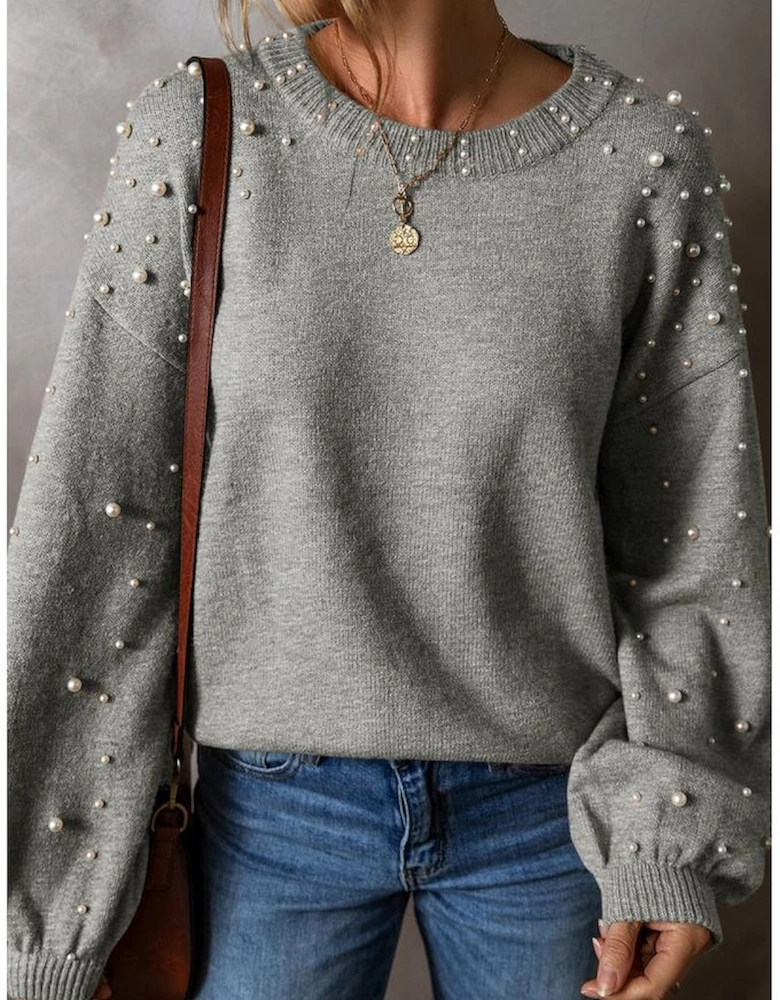 Light Grey Pearled Drop Shoulder Round Neck Sweater