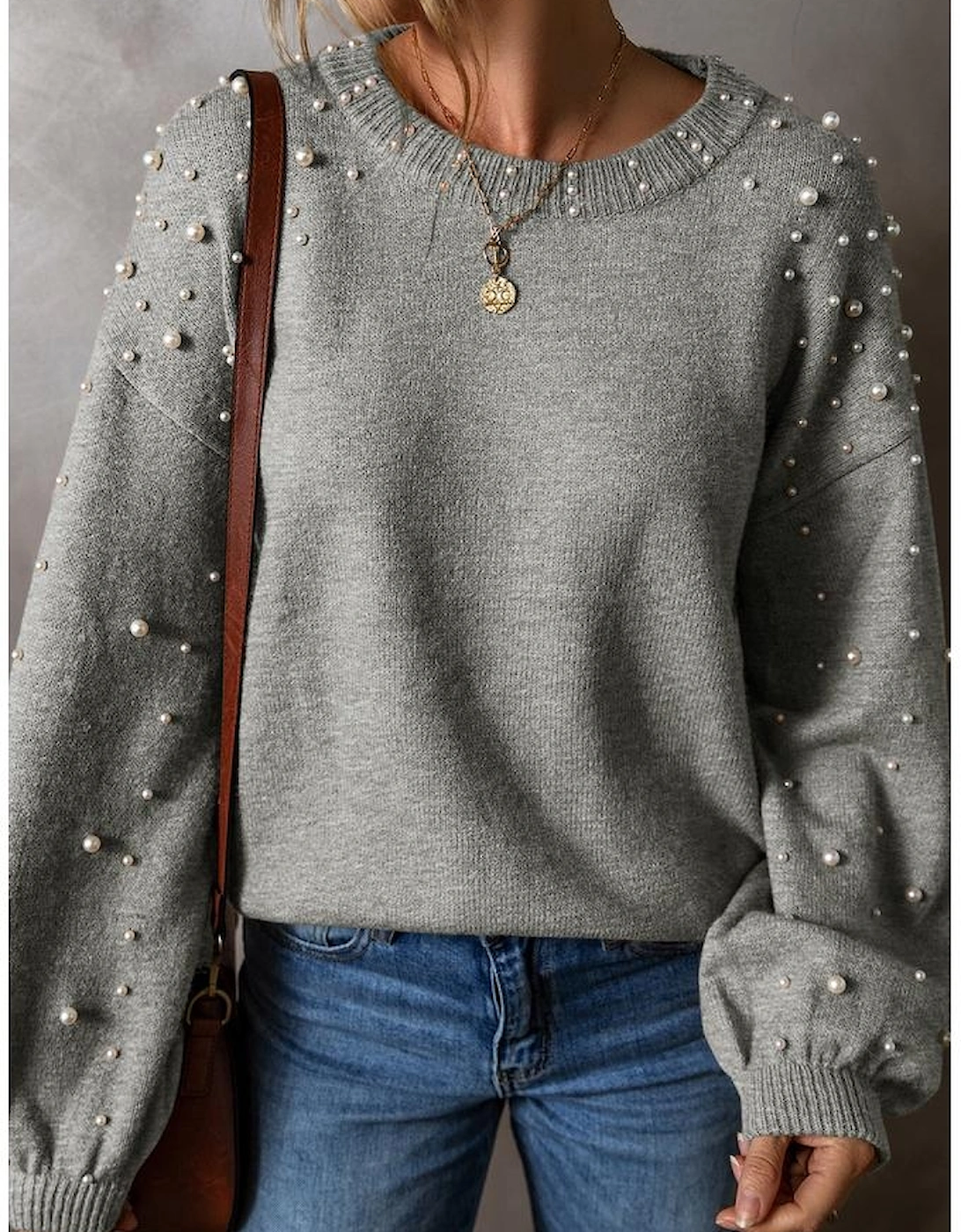 Light Grey Pearled Drop Shoulder Round Neck Sweater