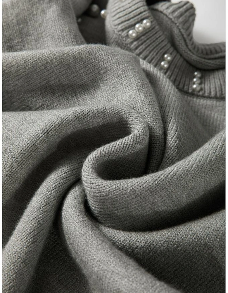 Light Grey Pearled Drop Shoulder Round Neck Sweater